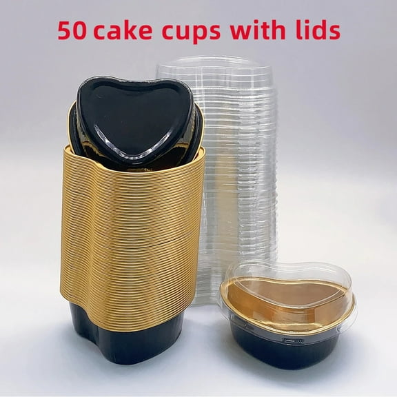50pcs Heart-Shaped Aluminum Foil Cake Cups with Lids,Heat Resistant Baking Cups,Pudding Cupcake Cup,Perfect for Valentine's Day