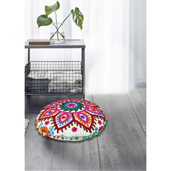 Stylo Culture Indian Round Throw Pillows Traditional Embroidered Suzani Floor Cushion Cover White 18x18 Small Decorative Bohemian Pom Pom Lace Cotton Floral 1 Pc