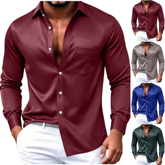 Mens Stretch Dress Shirts with Chest Pocket Solid Long Sleeve Button Down Satin Shirts formal Casual Business Prom Party Wedding Dating Big & Tall Size S-5XL Red-B