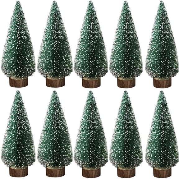 10Pcs Mini Christmas Trees Decor – Artificial Bottle Brush Trees, Sisal Snow Pine Trees with Wooden Base for Holiday Tabletop, Mantel, Shelf, Xmas Party, Winter Home Decorations