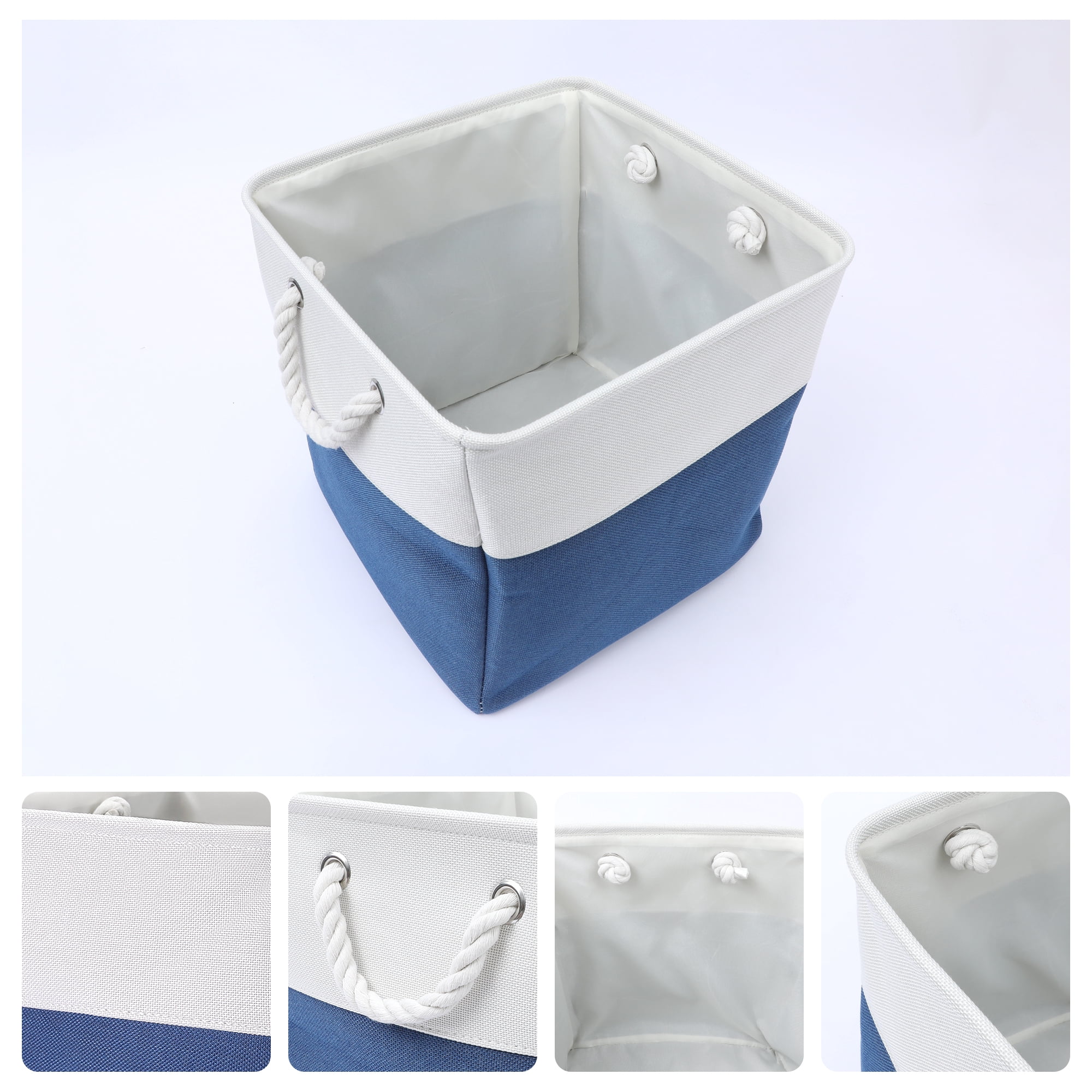 Unique Bargains Square Fabric Storage Basket Bin White/Dark Blue 13inch
