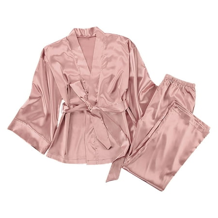 

Satin Pajamas Set for Women Long Sleeve Belted Cardigan Sleepwear Silk Nightwear V-Neck PJs Set 2 Piece Lounge Sets