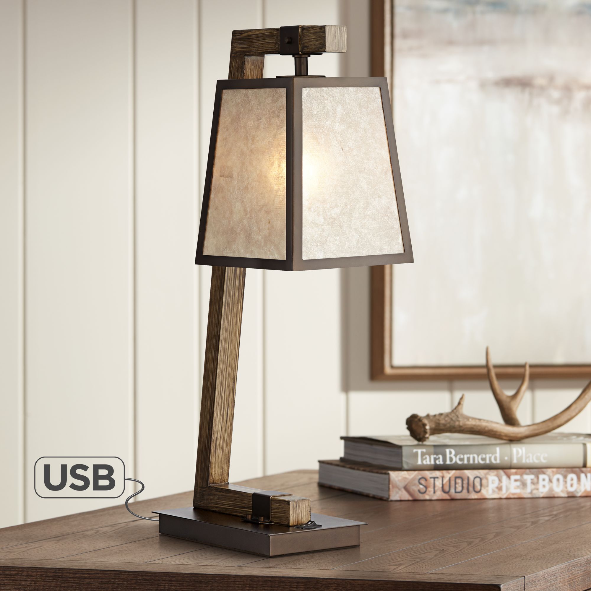 Franklin Iron Works Rustic Table Lamp with USB Charging Port Metal Base