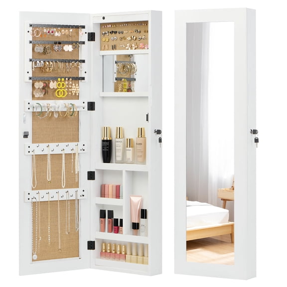 CQSXDA Solid Wood Jewelry Armoire Cabinet with Full-Length Mirror and LED Light for Organized Storage 47.5x14.3 Inch