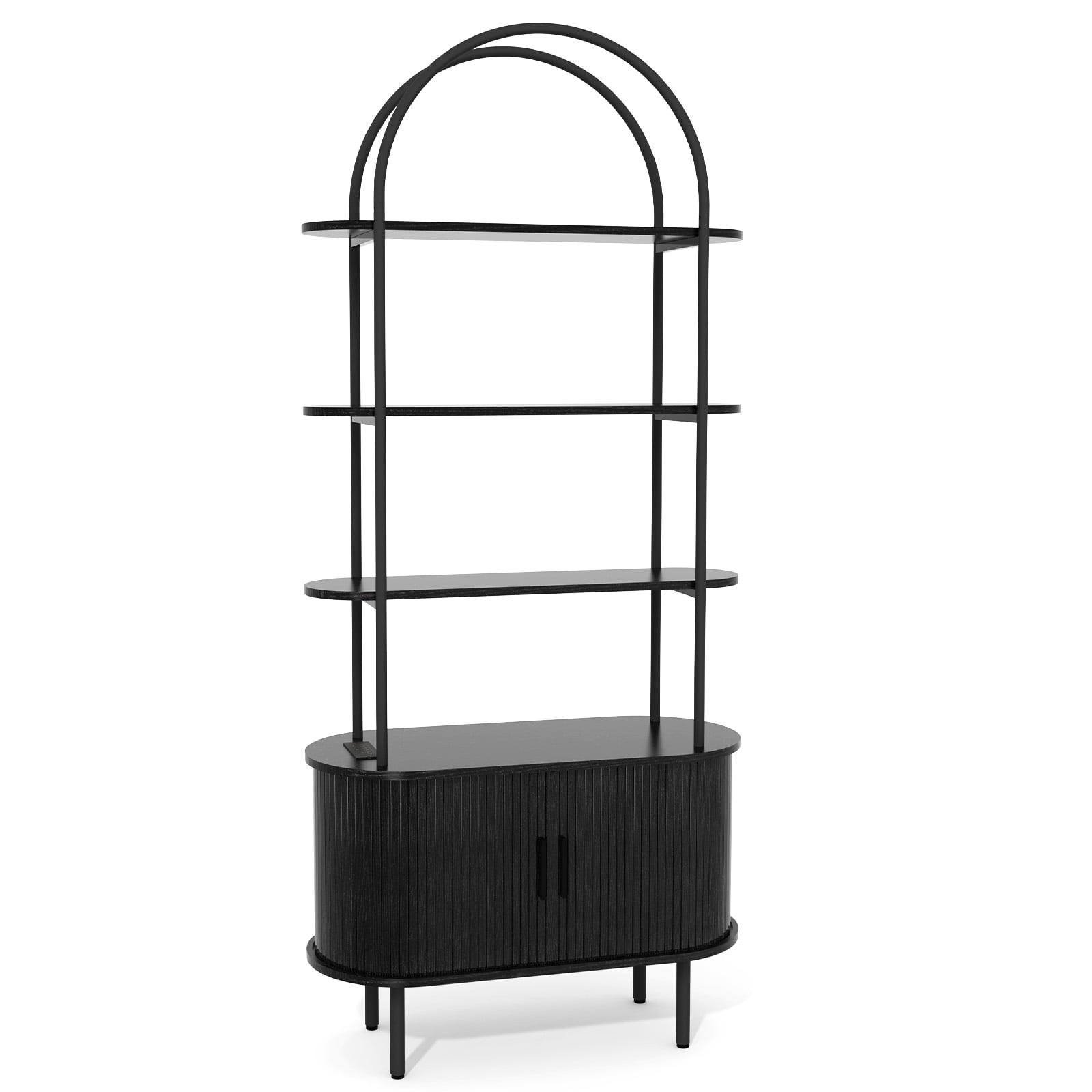 Arched Ceiling + 4-Layer Open Shelving + Double-Door Roller Shutter Display Case Display Rack with Socket (1USB+1Type-C) & Melamine Veneer & Iron Pipe Spray Paint, 31.5*13.78*70.87i, Black