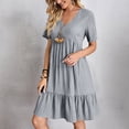 thumbnail image 2 of Summer Solid Dresses for Women 2026 Short Sleeve v Neck Mini T Shirt Dress - Midi Dress Flowy Pleated Beach Sundress - Summer Trendy Vacation Beach Dress Light Gray M, 2 of 8