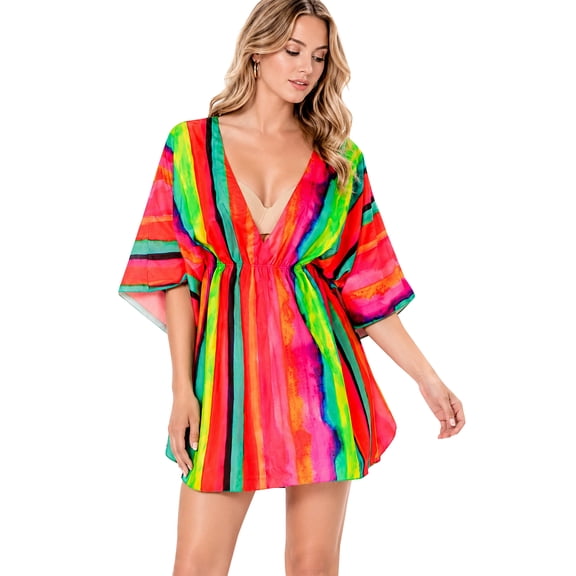 LA LEELA Women's Beachwear Summer Swim Beach Dress Cover ups for Swimwear Women Short Fall Swimsuit Coverups Tops L-XL Stripes, Pink