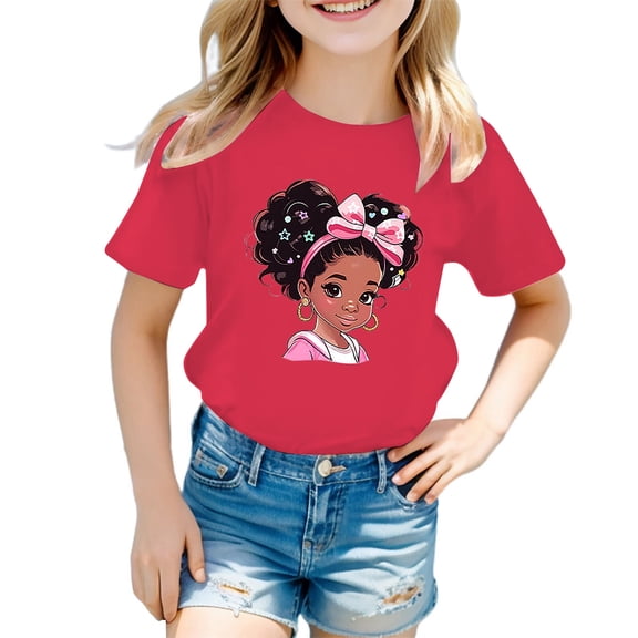YAYUBA Little Girl Shirts Cartoon Print Round Neck Back To School Shirt Soft Tee Tops Preppy Shirts for Teen Kids, 3-4 Years, Hot Pink