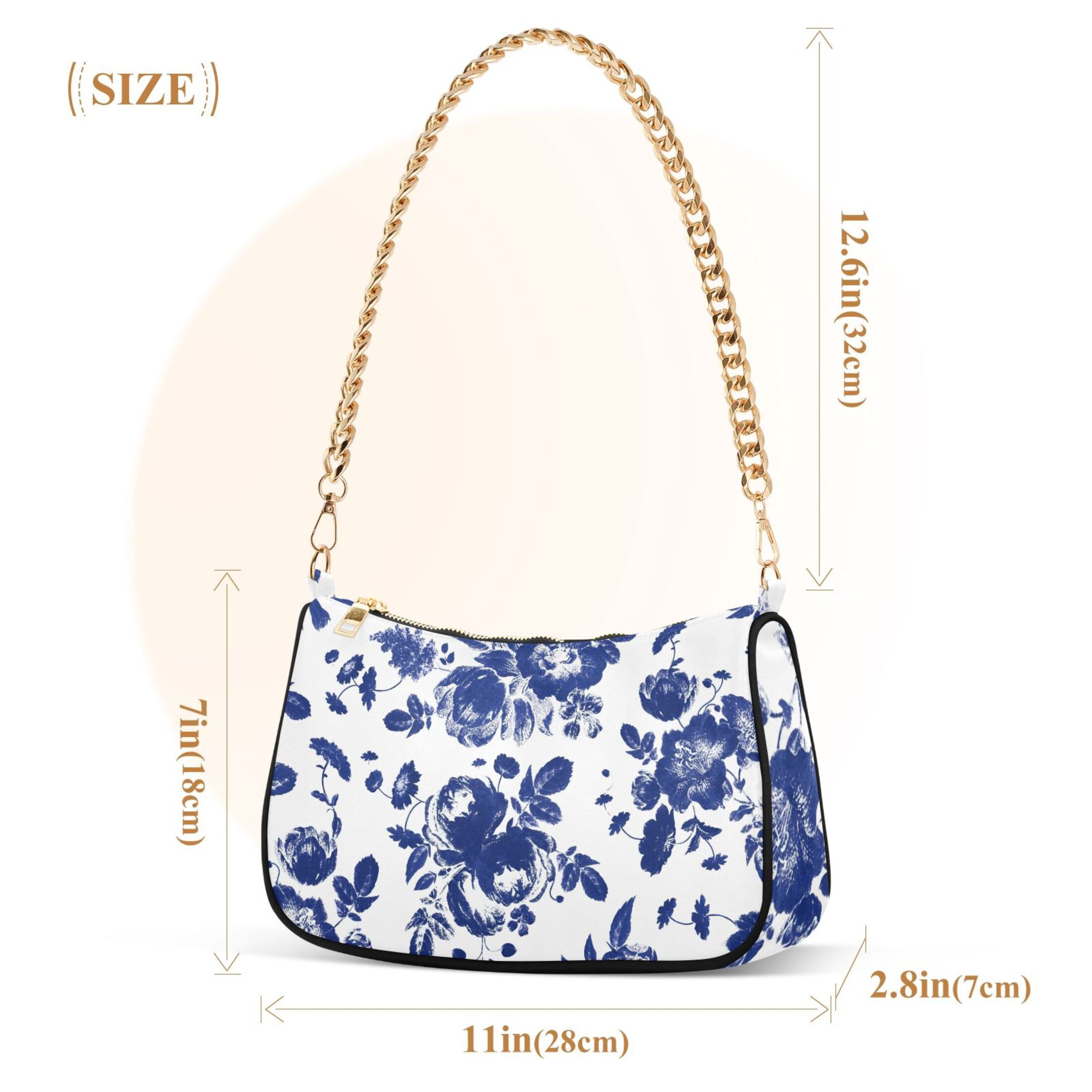 Blue and White Flowers Womens Chain Shoulder Bag Tote Handbag Clutch Hobo Purse with Zipper for Travel Casual