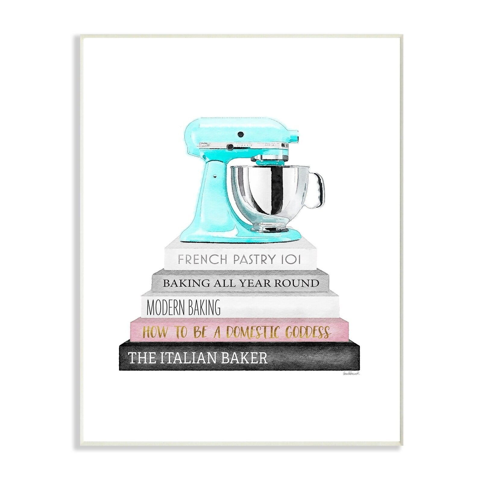 The Stupell Home Decor Grey Pink and Black Fashion Bookstack with Teal Mixer Wall Plaque Art