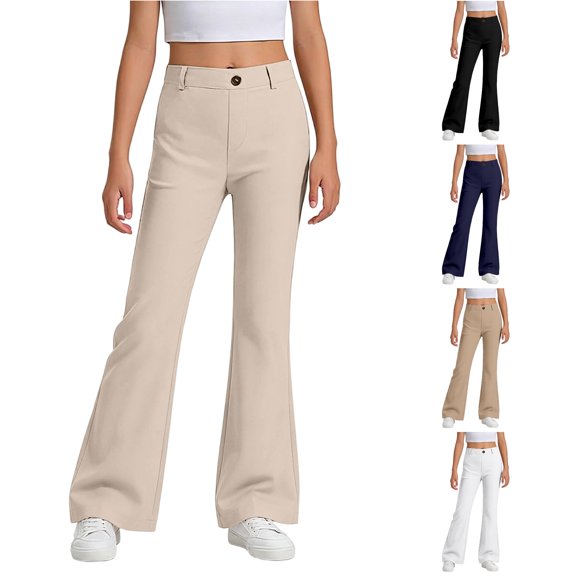 JCCXIN Toddler Kids Girls Flare School Uniform Pants High Waist Chino Pants Flat Front With Pockets Outdoor Stretch Activewear Casual Everyday Wear Lovely Party Bottoms,Beige,5-6 Years