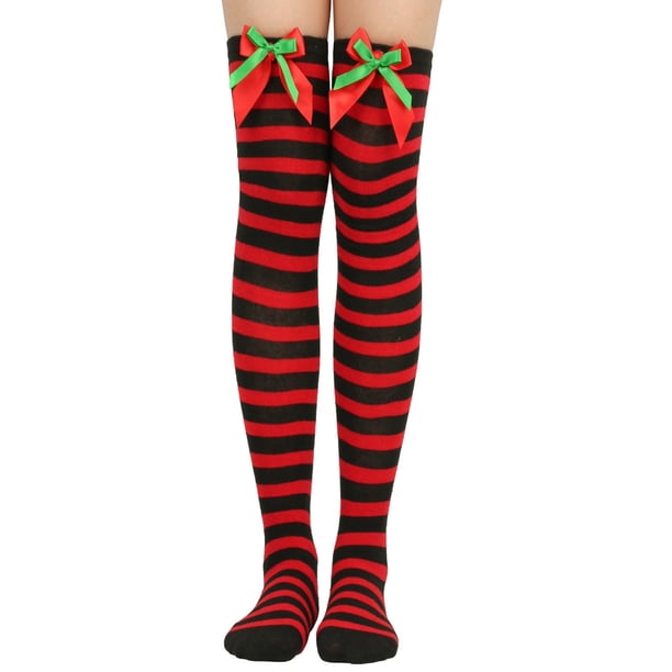 Calcetines largos hasta la rodilla para mujer, lisos, con lazo navideño y bola, cálidos, para mujer