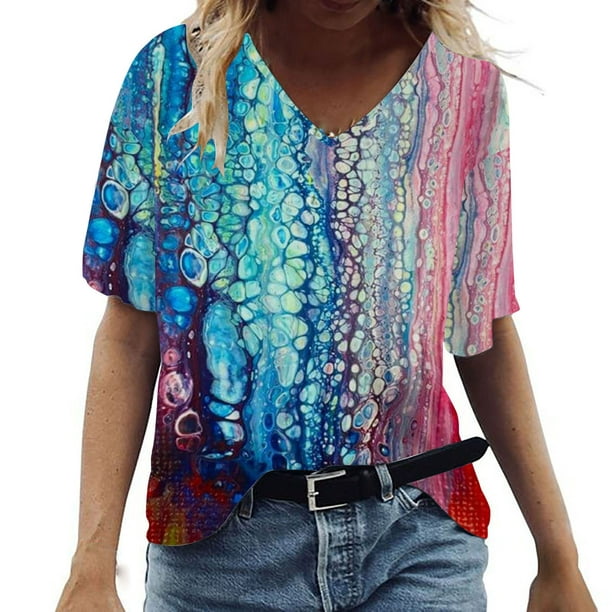 Scyoekwg Womens Summer Tops Trendy Short Sleeve T Shirts Casual V-Neck ...