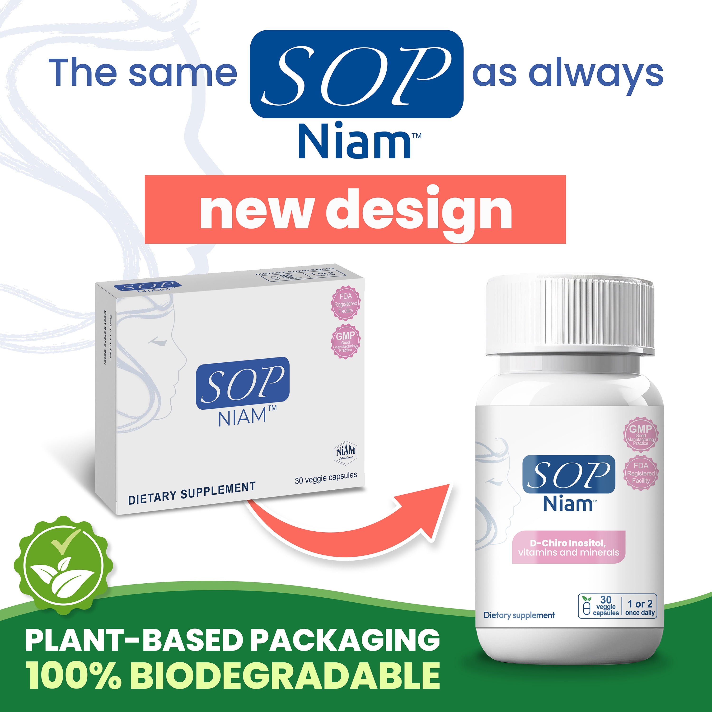 SOP NIAM D-Chiro Inositol Supplement for PCOS with Folic Acid, Vitamin B6, B12, D3, Biotin, Gluten-Free, 30 Capsules, 30 Day Supply