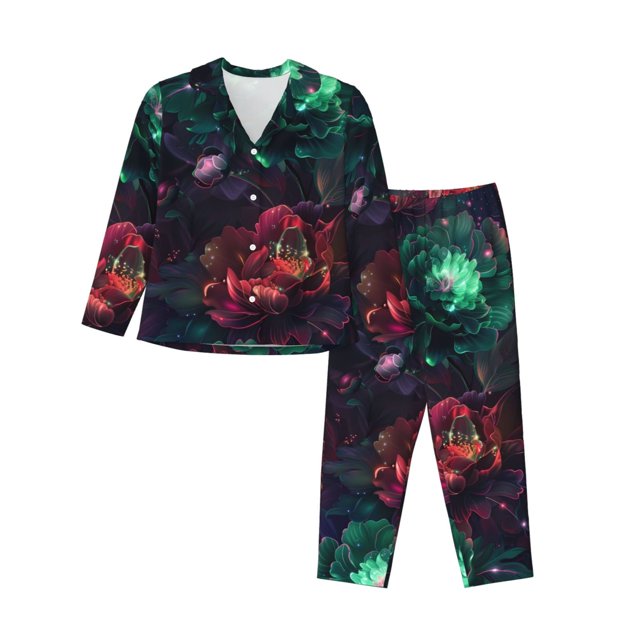 Balery Red And Green Carnation Conjunto de Pijama con Estampado para Mujer, Conjunto de Dos Piezas con Manga Larga, Ropa de Dormir Suave con Bolsillos, Pijamas Cómodos-Large