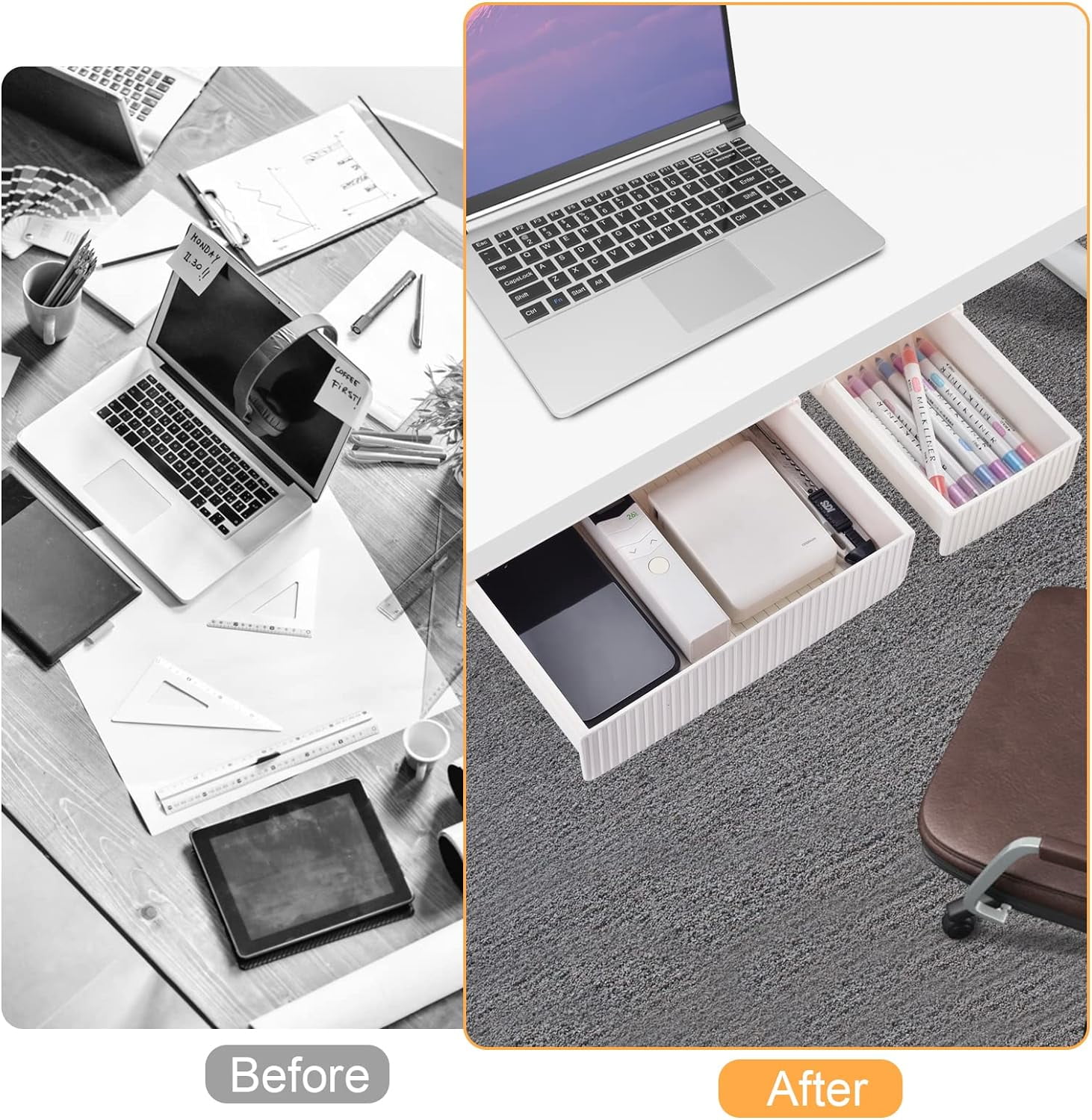 2 Pack Under Desk Drawer Storage, Under Desk Organizer, Hidden Self-Adhesive Desks Drawers Slide-out, Stick on Desks Drawer White, Under Mount Drawers for Office/Classroom/Home