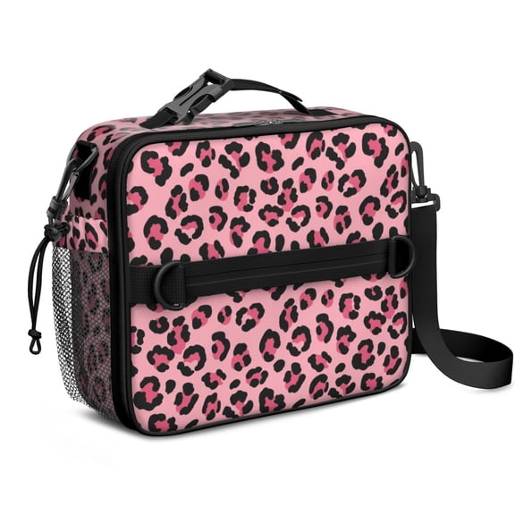 Black and Pink Leopard Print Insulated Lunch Bag with Shoulder Strap and Bottle Holder,Bento School Lunch Bag Box,11x9.5x3.5 Inches