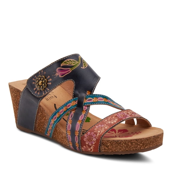 L'Artiste by Spring Step Women's Swan Slide Sandals Hand Painted Leather, Adjustable Straps, Floral Design, Wedge Heel, Hook & Loop, Open Toe