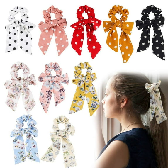 SPRING PARK Womens Polka Dot Floral Print Elastic Hair Band Ring Floral Bow Hair Ring
