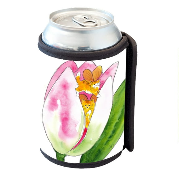 KuzmarK Insulated Drink Can Cooler Hugger - Tiny Tiger Kittie Fairies with Pink Tulip Fantasy Cat Art by Denise Every