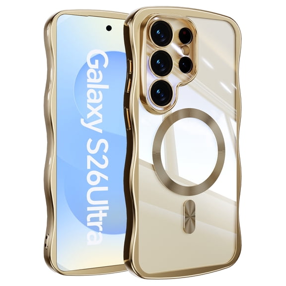Magnetic For Samsung Galaxy S26 Ultra Phone Case,Cute Wavy Frame,Compatible with Mag-safe,Ultra Slim Shockproof Anti-fall Protection,Rugged Durable Electroplated Bumper Thin Phone Case,Gold