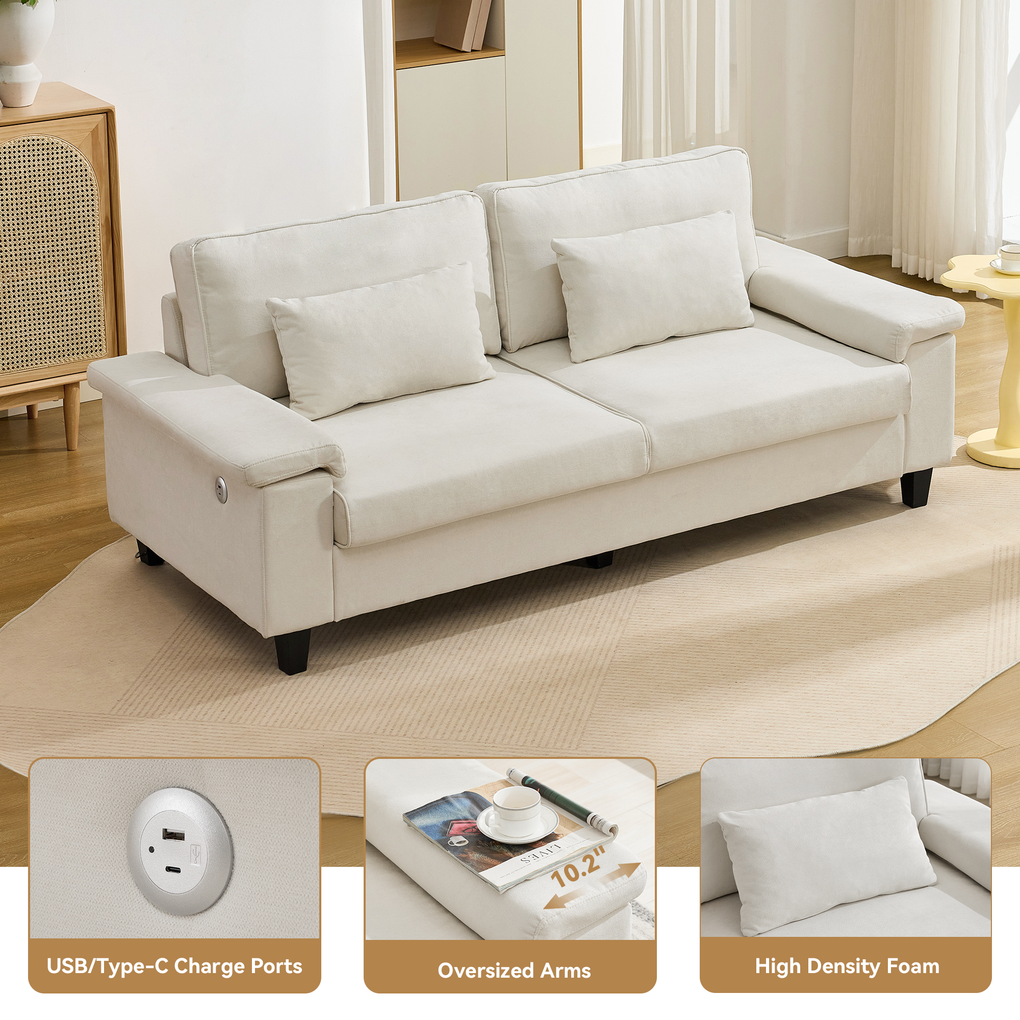 79" Modern Deep Seat Sofa for Living Room with Adjustable Armrests & USB/Type-C Charging Ports ,3-Seater Loveseat for Apartment, Home Office