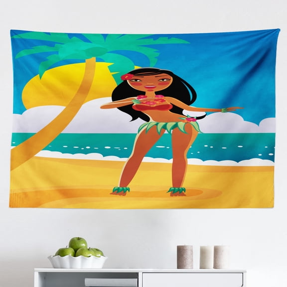 Hula Girl Tapestry, Woman Dancing on Sandy Beach Surfing Waves Aloha Palm Trees Hello Summer, Fabric Wall Hanging Decor for Bedroom Living Room Dorm, 2 Sizes, Multicolor, by Ambesonne