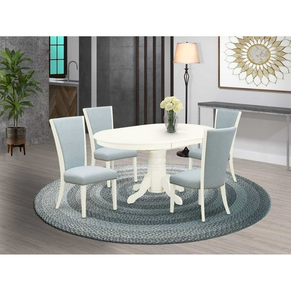 East West Furniture East-West Furniture AVVE5-LWH-15 - A dining room table set of 4 wonderful parson dining chairs with Linen Fabric Baby Blue color and a gorgeous 18" butterfly leaf oval dining...