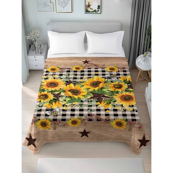 Queen Size Flat Sheet Only,Summer Sunflower Country Star Soft Top Bed Sheets Breathable Bedding Sheet Wood Grain Black Plaid Microfiber Hotel Luxury Top Sheets