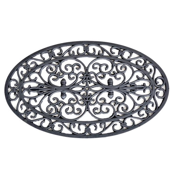 AmeriHome RMATOV 18 x 30 in. Decorative Scrollwork Oval Rubber Entry Mat, Black