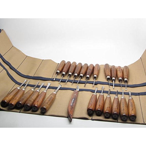 24pc Woodcarving Tools w/25 Pocket Canvas Tool Roll RAMELSON USA
