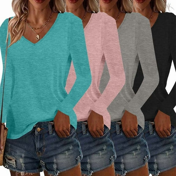 VIWORLD Women's 4-Pack V-Neck Long Sleeve Blouses Dressy Casual Tops Soft Loose Fit Tees for Work Weekend Blue Pink Gray Black，S