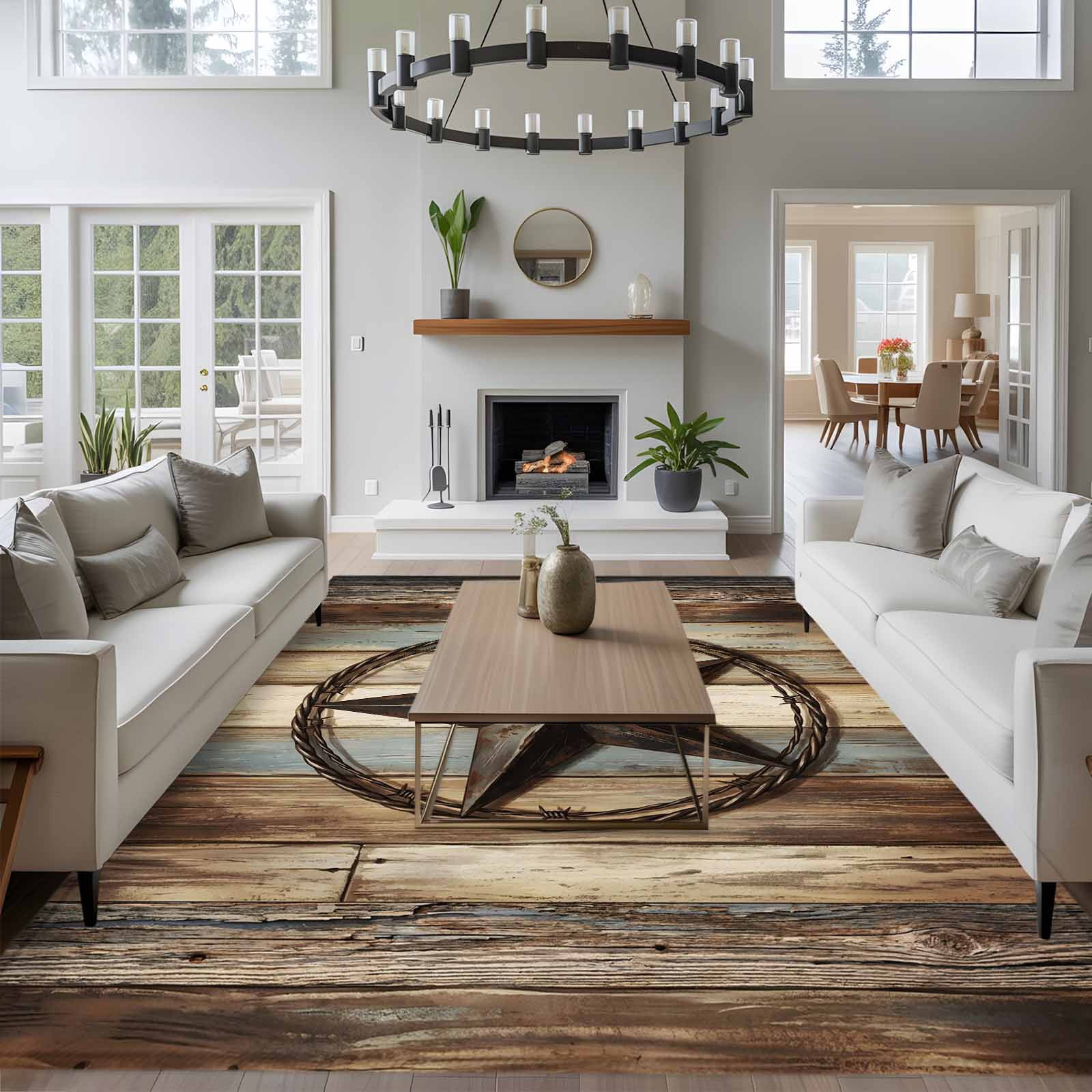 Rectangle Area Rugs 8 x 10 Ft, Western Texas Star Retro Non-Slip Residential Carpet, Rustic Farmhouse Wooden Brown Indoor Crawling Mats Runner Rugs for Living Room/Dining Room/Bedroom