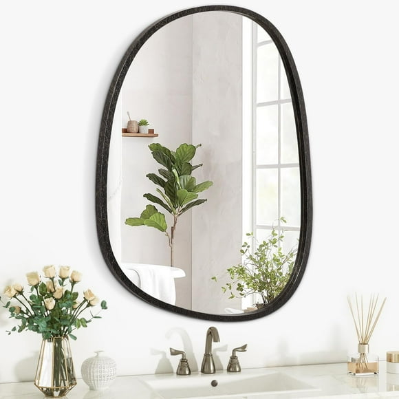 ERDS-Irregular Mirror with Wood Frame Asymmetrical Oval Mirrors for Wall Modern Unique Hanging Artistic Decorative for Bedroom Bathroom Living Room Entryway Hallways