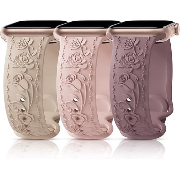 3 Packs Floral Engraved Bands Compatible with Apple Watch Band 40mm 41mm 38mm 42mm 44mm 45mm 49mm for Women, Silicone Cute Embossed Rose Apple Watch Band for iWatch Series 11 10 9 8 7 6 5 4 SE Ultra