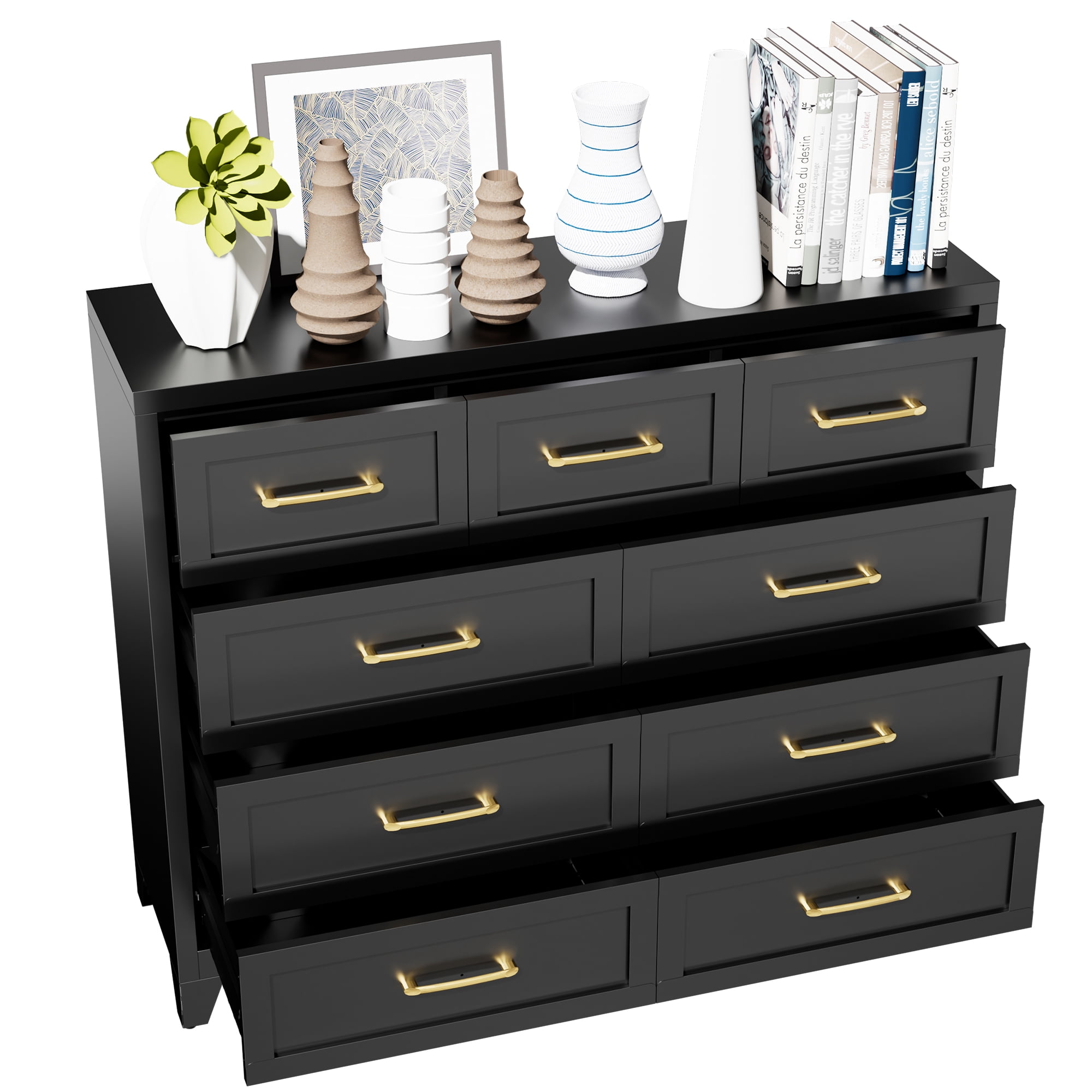 ShiKeyi 9 Drawer Dresser for Bedroom, Modern Metal Wide Storage Chest with Metal Handles and Legs, Black