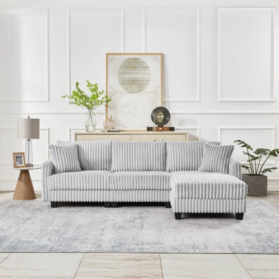 Noble House Lune 100" Corduroy L-Shaped Modular Sofa, Convertible 3-Seat Sectional with Dual Charging Ports, Gray