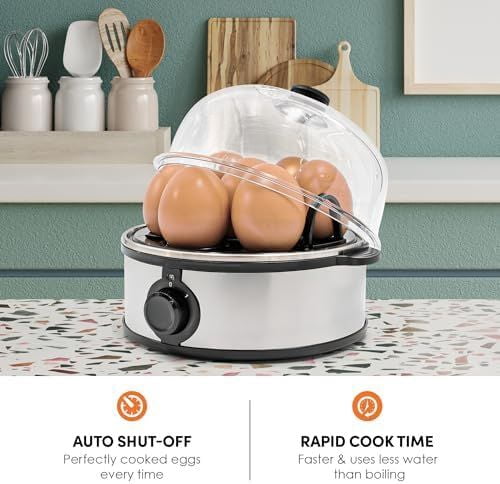 EGC724SS Easy Electric Poacher, Omelet Eggs & Soft, Medium, Hard-Boiled Egg Boiler Cooker with Auto Shut-Off and Buzzer, Measuring Cup Included, BPA Free, 7, Stainless Steel