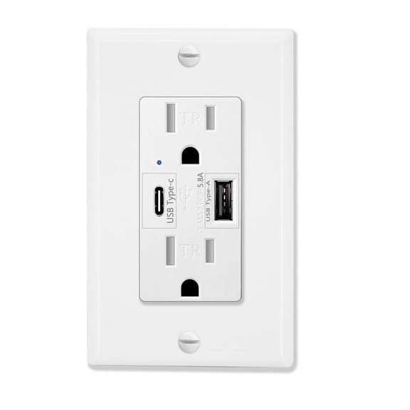 USB Type C Wall Outlet, ‎GREENCYCLE Dual High Speed Duplex Receptacle 15 Amp, 5.8A USB C &A Charging, Tamper Resistant Wall Plate Included UL Listed, Not for laptops, 1 pack