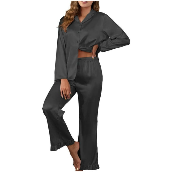Enjoytime Women's Pajama Sets Solid Color Satin Long Sleeve Tops Pants Loungewear Casual Loose 2 Piece Outfits Soft Comfy Sleepwear