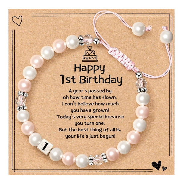 Pulsera MIXJOY Feliz 1er Cumpleaños con Cuentas Rosas y Perlas Brillantes