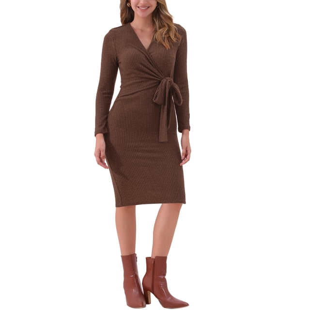 Vestido midi casual de manga larga con cuello en V y lazo en la cintura para mujer Inspire Chic, talla XL, color marrón