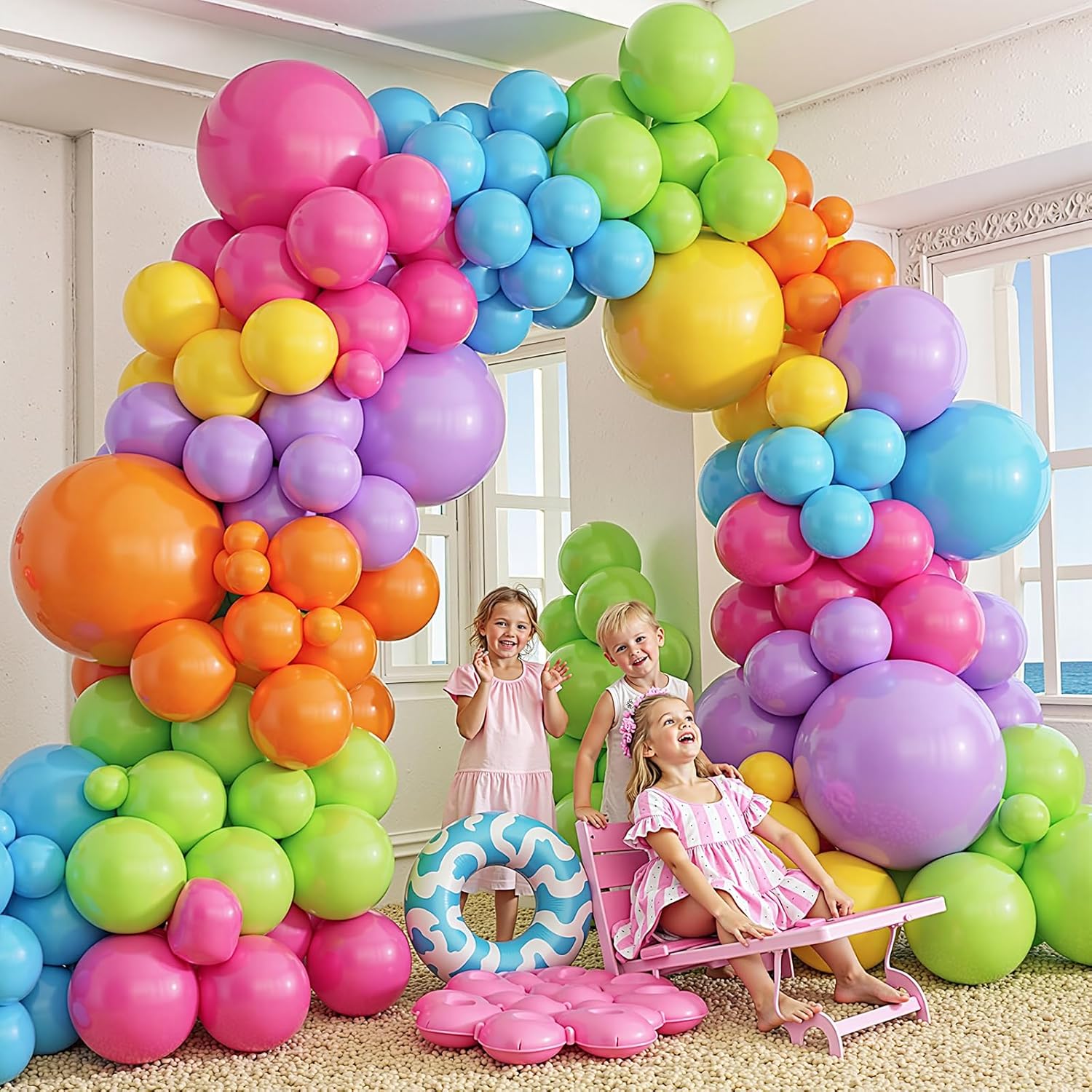412pcs Summer Tropical Balloon Arch Garland Kit Different Sizes 18 12 10 5inch Rainbow Hot Pink Green Orange Blue Purple Balloons for Hawaiian Luau Aloha Baby Shower Birthday Party Decorations