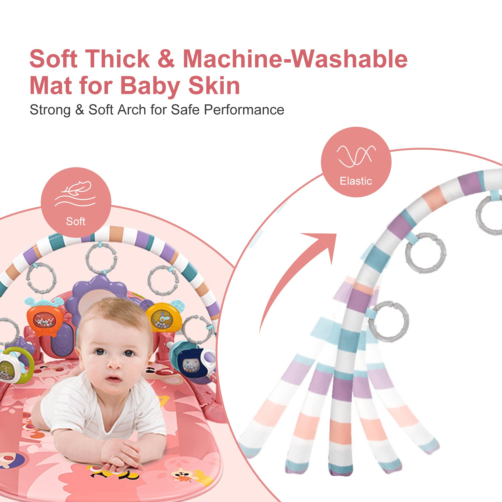 Baby Gym Play Mat, Caveen Musical Fitness Tummy Time Mat, for 0-36 Months Boys Girls, Orange Red