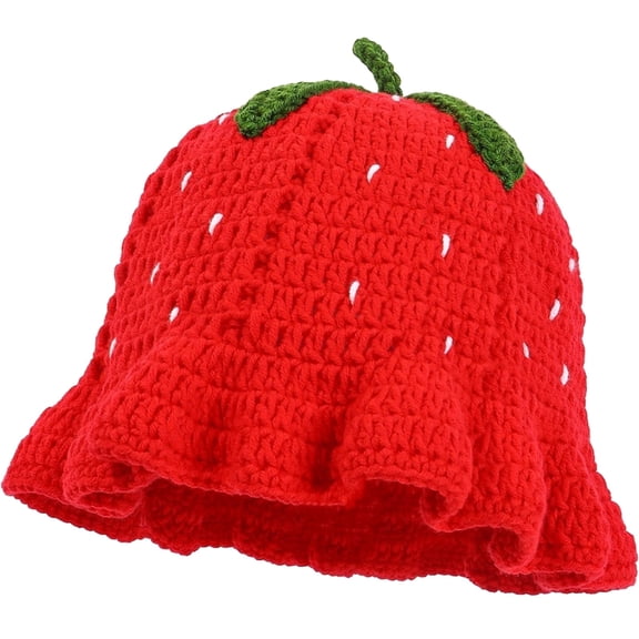 Farcauo Strawberry Crochet Bucket Hats for Women Knitted Hat Womens Red Beanie Cute Foldable Knitted Hats for Women