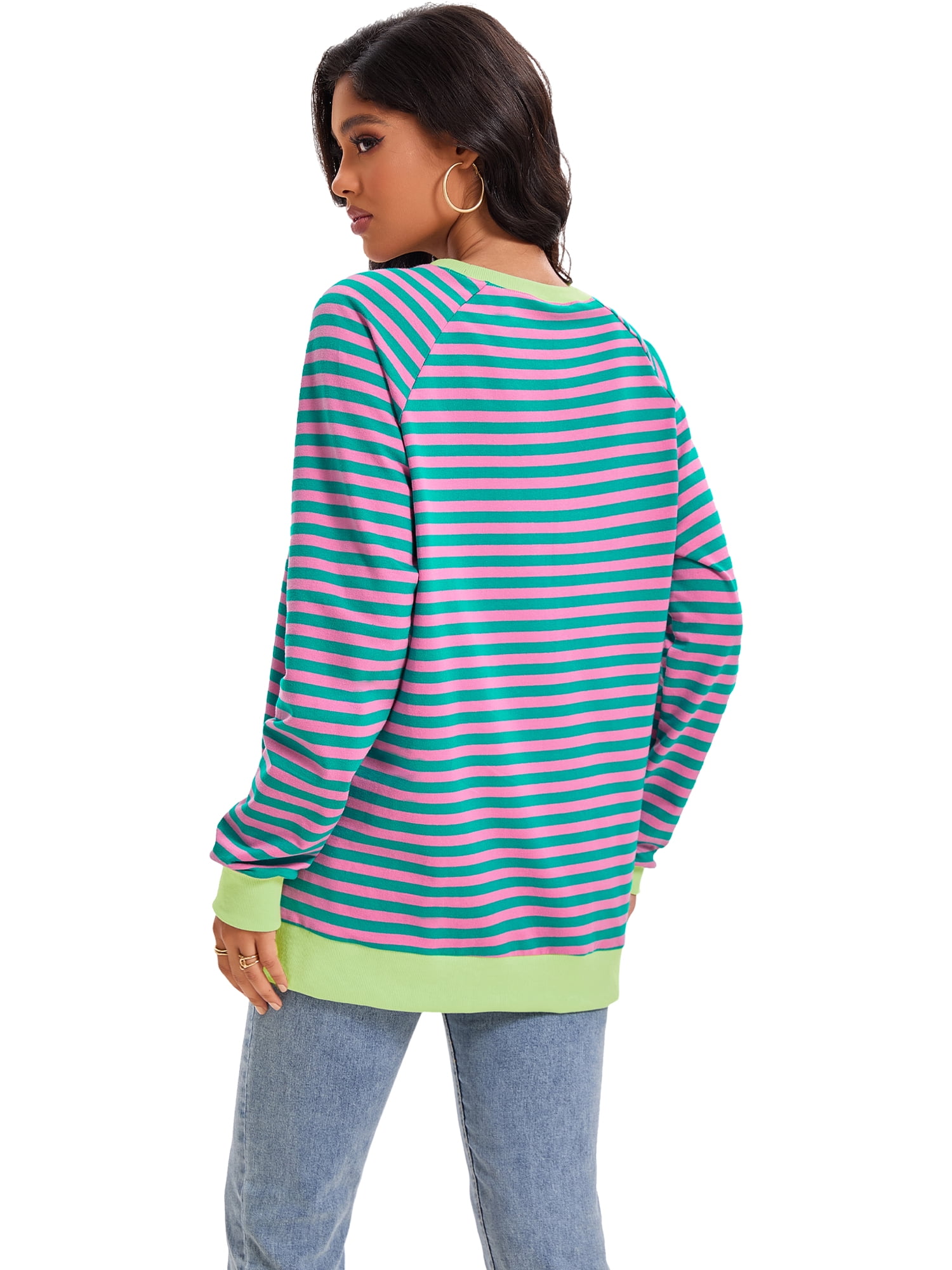 DARING DIVA Women's Striped Oversized Crewneck Pullover Tops XL Green Pink