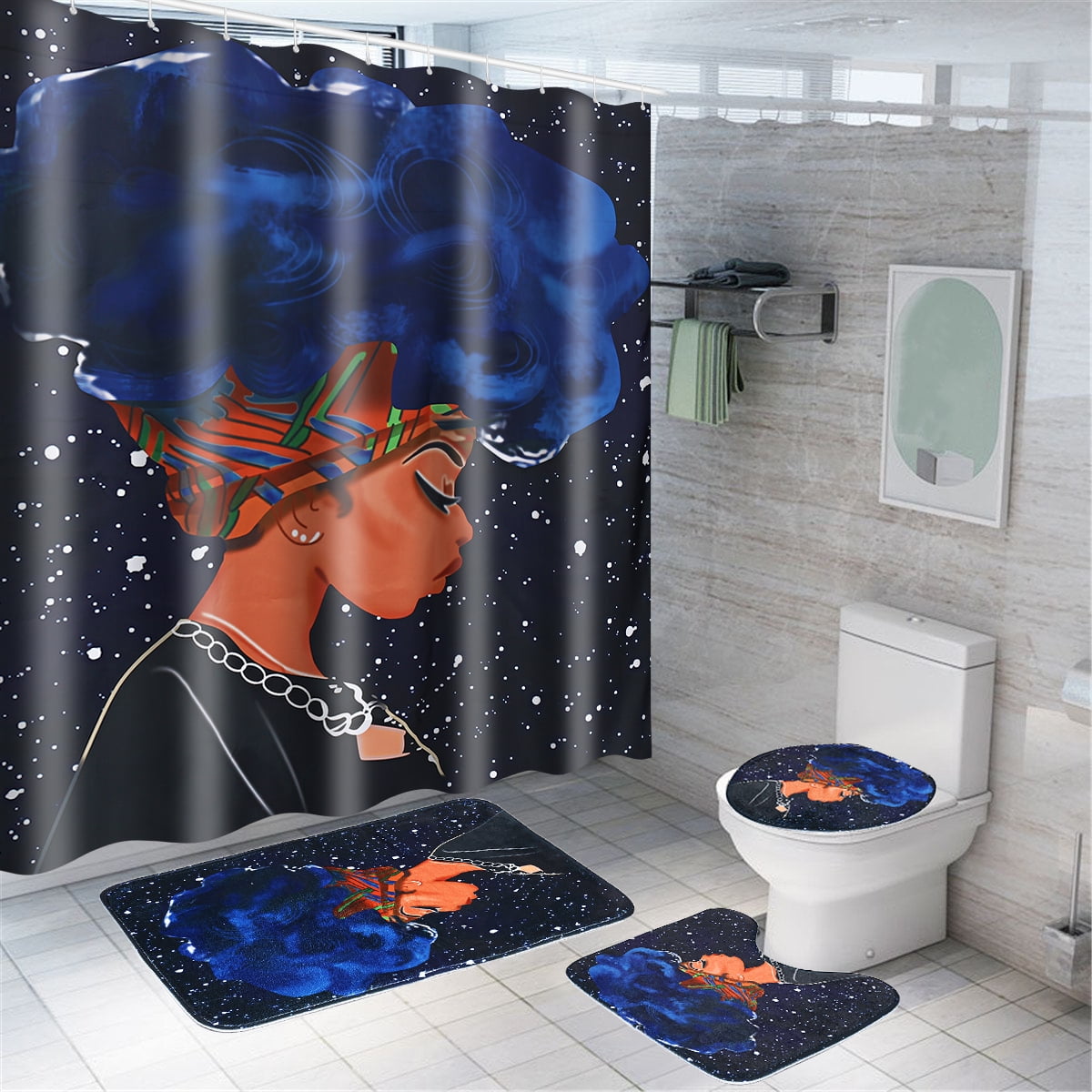 African Girl Shower curtains 12 Hook Pedestal Rug Lid Toilet Cover Bath Mat Set 