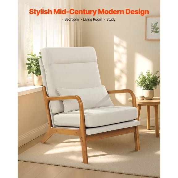 Accent Chair,High Back Mid Century Modern Armchair with Solid Wood Frame&Non-Slip Legs,Upholstered Leisure Chair with Linen Fabric&5.3 in Thickened Cushion,for Living Room,Bedroom