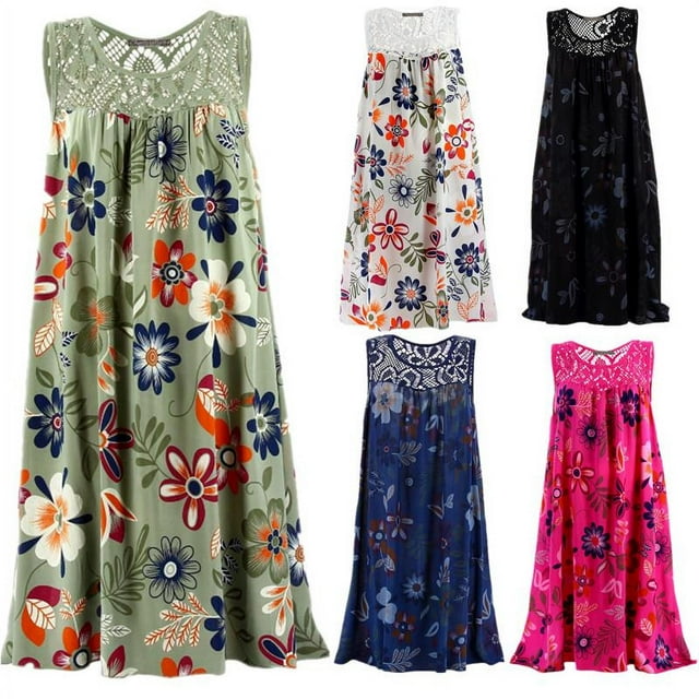 Robe Mode Grande Taille Femme Sans Manches en Dentelle Imprimée Robe Ample Décontractée d'Été