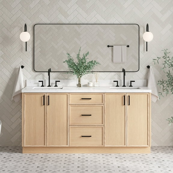 Ariel Kelly 72 Inch Double Rectangle Sink Bathroom Vanity With Carrara White Quartz Countertop 1.5 Inch Edge In White Oak